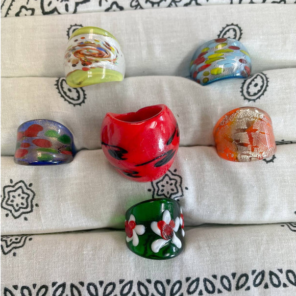 Orange Gold Crackle Art to Wear Glass Blown Multi-Color Statement Cocktail Ring - Picture 4 of 5